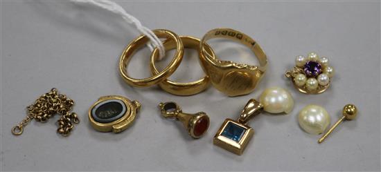 Two 22ct gold bands, and 18ct gold signet ring and other minor items.